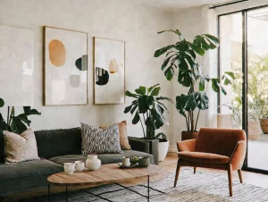 A mid-century modern inspired living room with colors and plants and artwork